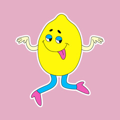 Funny cartoon character Lemon with the emotion of crazy. Cute fruit sticker in retro style.