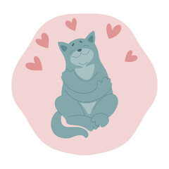 Self love concept, happy cat hugging herself, illustration in a flat style.