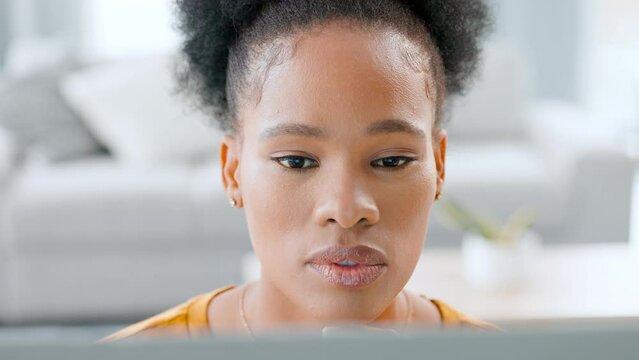 Freelance web developer searching on computer, thinking and designing or developing marketing webpage or website for clients. Closeup face of creative planning, innovating ideas for company homepage