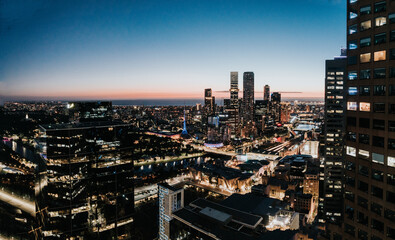Aerial night view of the Melbourne CBD skyline, Australia