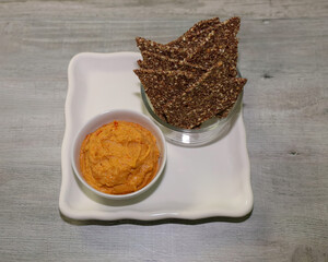 Flax seed crackers and hummus dip.