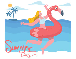 Obraz premium Let the summer begin. Young woman ride on inflatable flamingo in the sea, Having fun and refreshing on a hot summer day. Vector design illustration.
