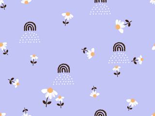 Seamless pattern with daisy flower and rainbows on purple backgrounds vector.