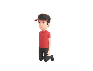 Fast Food Restaurant Worker character kneeling in 3d rendering.