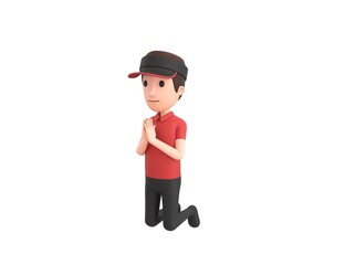 Fast Food Restaurant Worker character kneeling and pray in 3d rendering.
