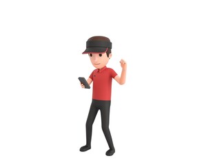 Fast Food Restaurant Worker character looking his phone and doing winner gesture with fists up in 3d rendering.