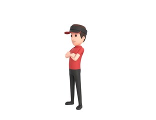 Fast Food Restaurant Worker character smiling with arms crossed look to the side in 3d rendering.