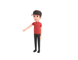 Fast Food Restaurant Worker character pointing to the ground in 3d rendering.
