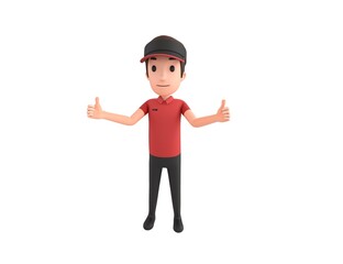 Fast Food Restaurant Worker character showing thumb up with two hands in 3d rendering.