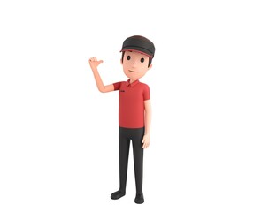Fast Food Restaurant Worker character pointing back thumb up empty space in 3d rendering.