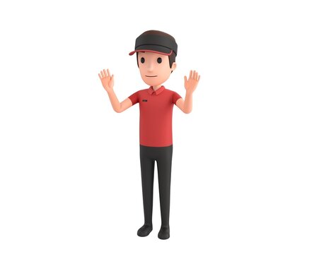 Fast Food Restaurant Worker Character Raising Hands And Showing Palms In Surrender Gesture In 3d Rendering.