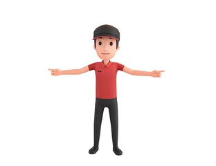 Fast Food Restaurant Worker character pointing finger two side in 3d rendering.