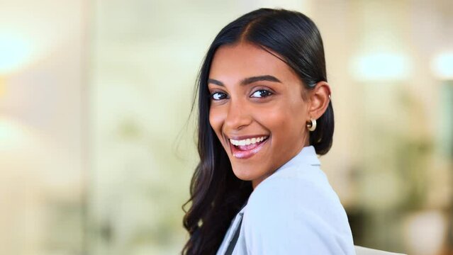 Portrait of beautiful businesswoman happy smile in office. Female with a positive successful attitude ready to take on work. Confident individual girl showing courage and happiness in the workplace
