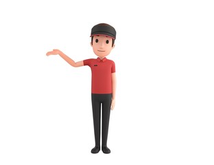 Fast Food Restaurant Worker character raise his hand and pointing to the side in 3d rendering.