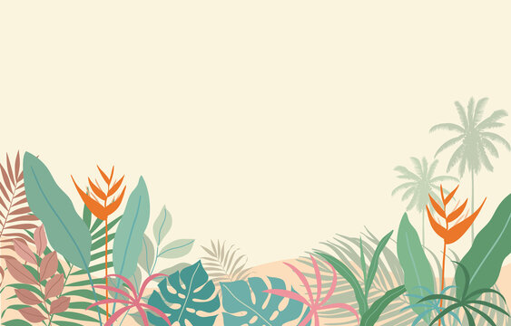 Colorful tropical leaves, foliage plant and flower with frame nature, Template with place for text, lettering. Design illustration. © wenich