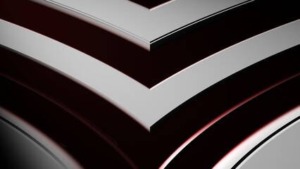 3D rendering. Dark background with white lines in the shape of arrows. Curved black and white lines pattern. Modeling of curved lines that meet at a pointed vertex. Black and white lines in motion.