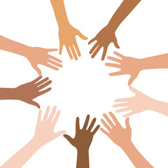 diversity of hands skin in circle design. people multiethnic race and community theme Vector illustration