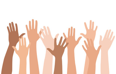 Diverse Hands Raised Up Isolated on White Background. Multi ethnic team, cultural diversity concept Vector Illustration