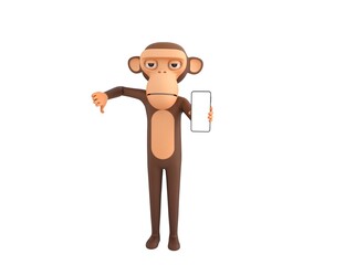 Monkey character show his phone and give thumb down in 3d rendering.
