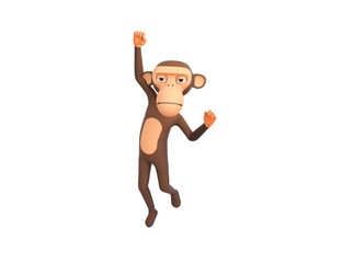 Monkey character Jumping with smile on face doing winner gesture with fists up in 3d rendering.
