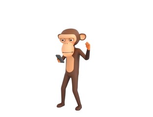Monkey character looking his phone and doing winner gesture with fists up in 3d rendering.