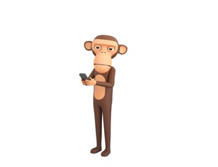 Monkey character using smartphone and looking to camera in 3d rendering.