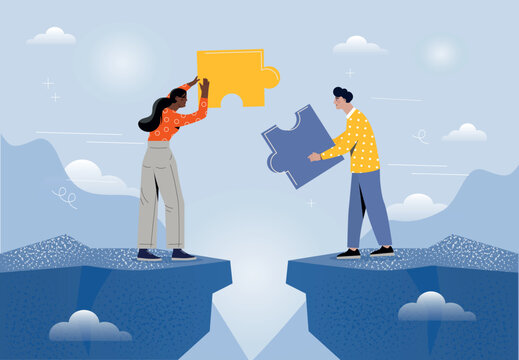 Bridging gap concept. Man and woman assembling bridge over cliff from puzzle pieces. Partnership, colleagues working on same project. Overcoming difficulties. Cartoon flat vector illustration