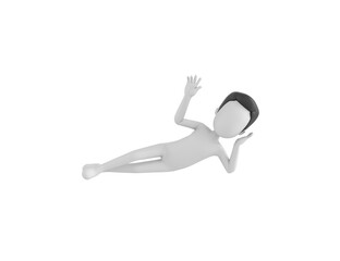 Stick Man with Hair character lying on floor and say hi in 3d rendering.