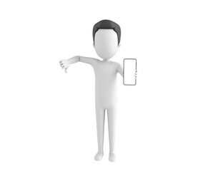 Stick Man with Hair character show his phone and give thumb down in 3d rendering.