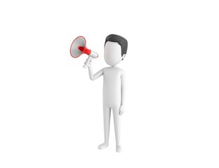 Stick Man with Hair character speaking in megaphone in 3d rendering.