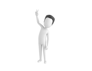 Stick Man with Hair character showing two finger in 3d rendering.