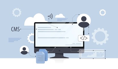 Content management system. Application interface for website owners. Information about visitors and their interests, tool for analysis on Internet. CMS program. Cartoon flat vector illustration