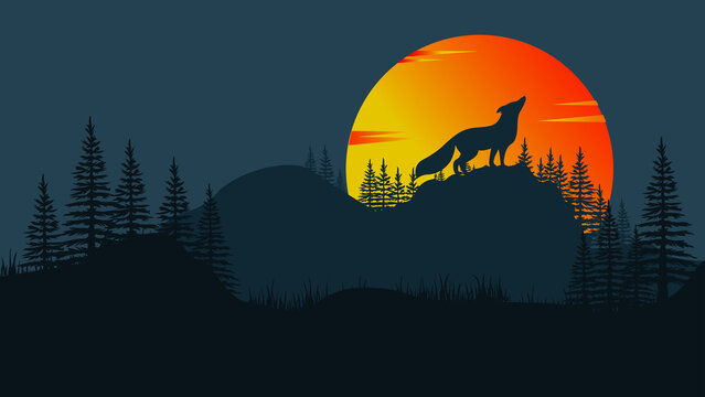 Vector illustration of a howling wolf standing on the hill with a panoramic view of mountains, forest and beautiful sunset.