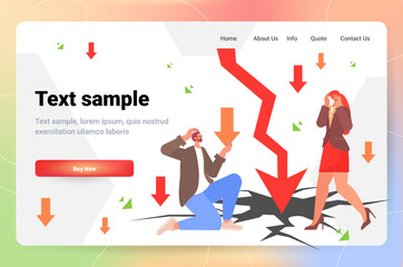 shocked businesspeople near falling down arrow company startup failure unsuccessful launch failed project concept