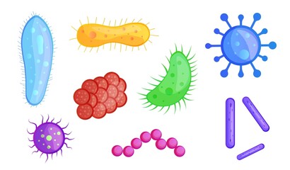 Virus and bacteria. Collection of various microorganisms. Medicine, molecular biology and body research. Influenza and immunity. Cartoon flat vector illustrations isolated on white background