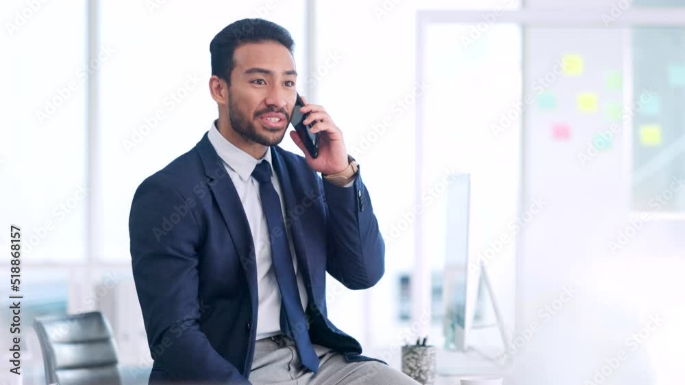 Aufkleber Recruitment agent networking and talking with clients on a phone call while sitting in an office at work. Young and happy Asian business man laughing while networking and communicating with people