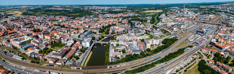 Fototapeta na wymiar Aerial around the city Pilzen in the czech Republic on a sunny day in summer.