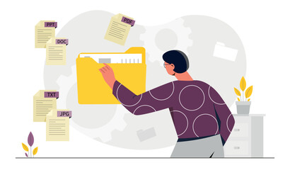 Man with text files. Employee at work collects information in electronic archive, cloud service on Internet. Analytical department and online work with statistics. Cartoon flat vector illustration