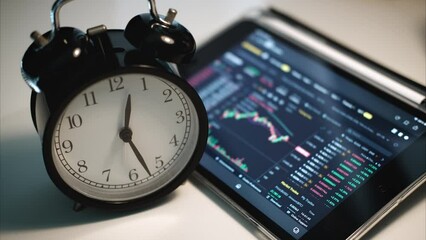 "Growth business, time is money", concept stock video. Business collage with growth chart and clock. Collage symbolizing time, money and growth business. Business blue abstract background. - Powered by Adobe