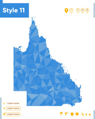 Queensland, Australia - blue low poly map, polygonal map. Outline map. Vector illustration.