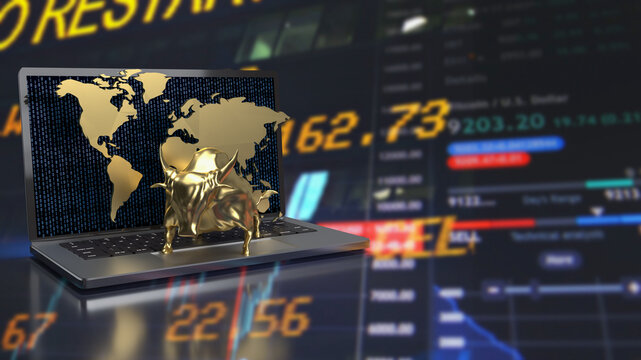 The gold bull on notebook for business background 3d rendering