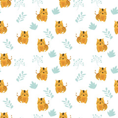 Obraz premium Vector cute tiger seamless pattern. Tiger and leaves illustration background for kids.