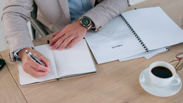 Lawyer writing notes, reading paperwork and planning strategy for deadline court case and defense arguments in law firm. Above view of paralegal attorney discovering solution and researching evidence