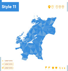 Fototapeta premium Trondelag, Norway - blue low poly map, polygonal map. Outline map. Vector illustration.