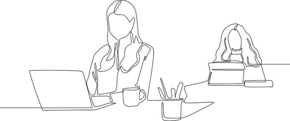 simple line concept of two women doing office works. documents. office activities.