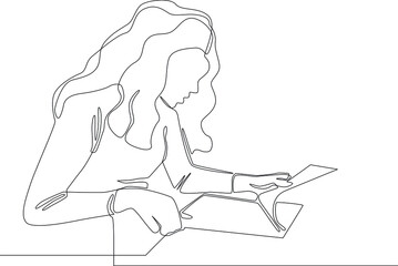 simple line of a woman checking documents to do job. one line concept of office activity.