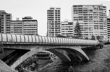 Black and white view of part of the cityscape in the Miraflores district of Lima Peru.