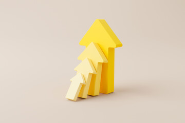 Growing yellow graph bar with arrow sign on background. Business development to success and growing growth concept. 3d rendering illustration - obrazy, fototapety, plakaty
