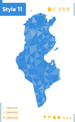 Obraz premium Tunisia - blue low poly map, polygonal map. Outline map. Vector illustration.