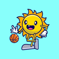 Cute sun cartoon playing basketball
